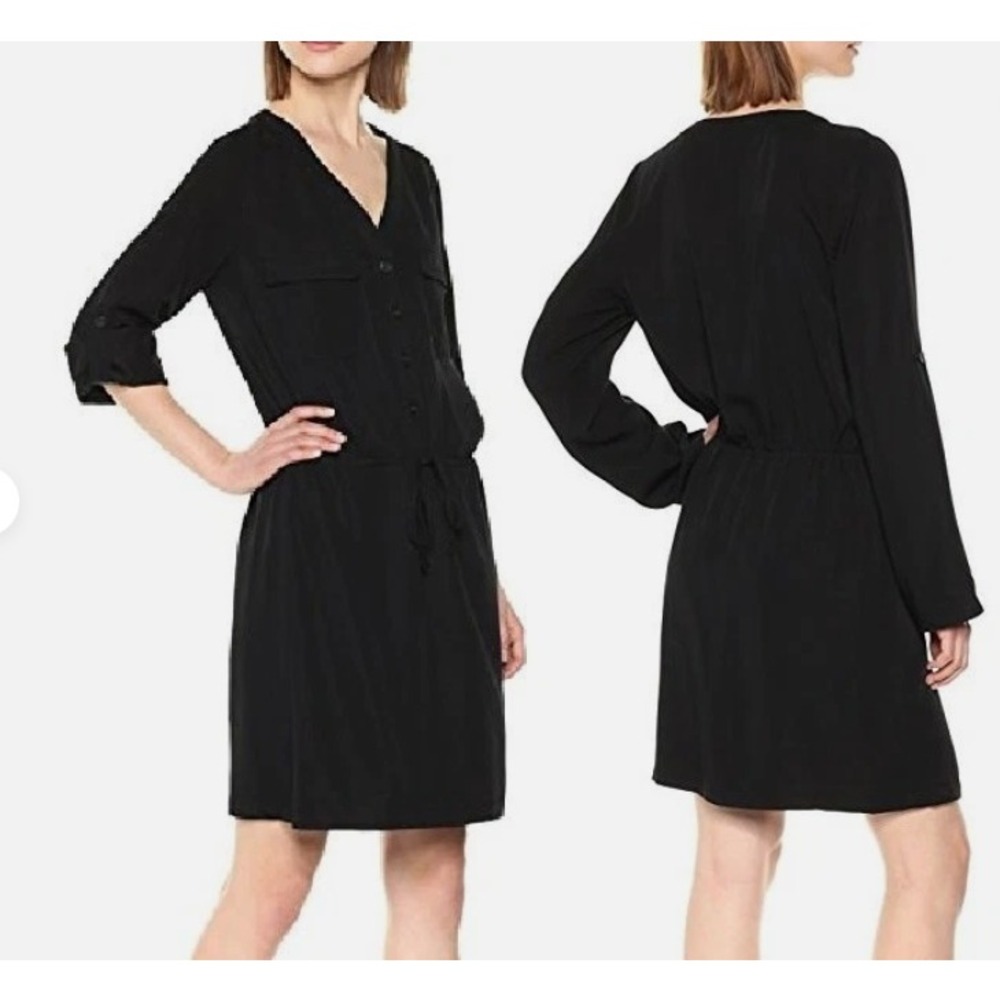 Max Studio Black Roll Tab Sleeve Mini Shirt Dress Black Casual Summer Sporty XS